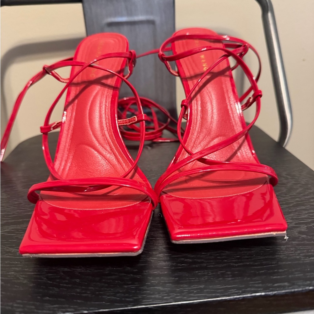 Azalea Wang Red Patent Lace Up Square Toe Heels Size 7 | Strappy Stiletto - Picture 4 of 9